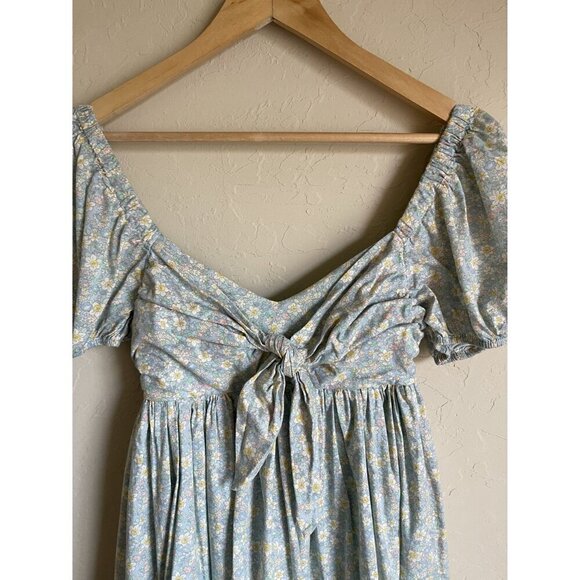 Mable Size Medium Smocked Tie Bow Doll Front Blue Floral Mini Dress A-Line Puff - Picture 8 of 8